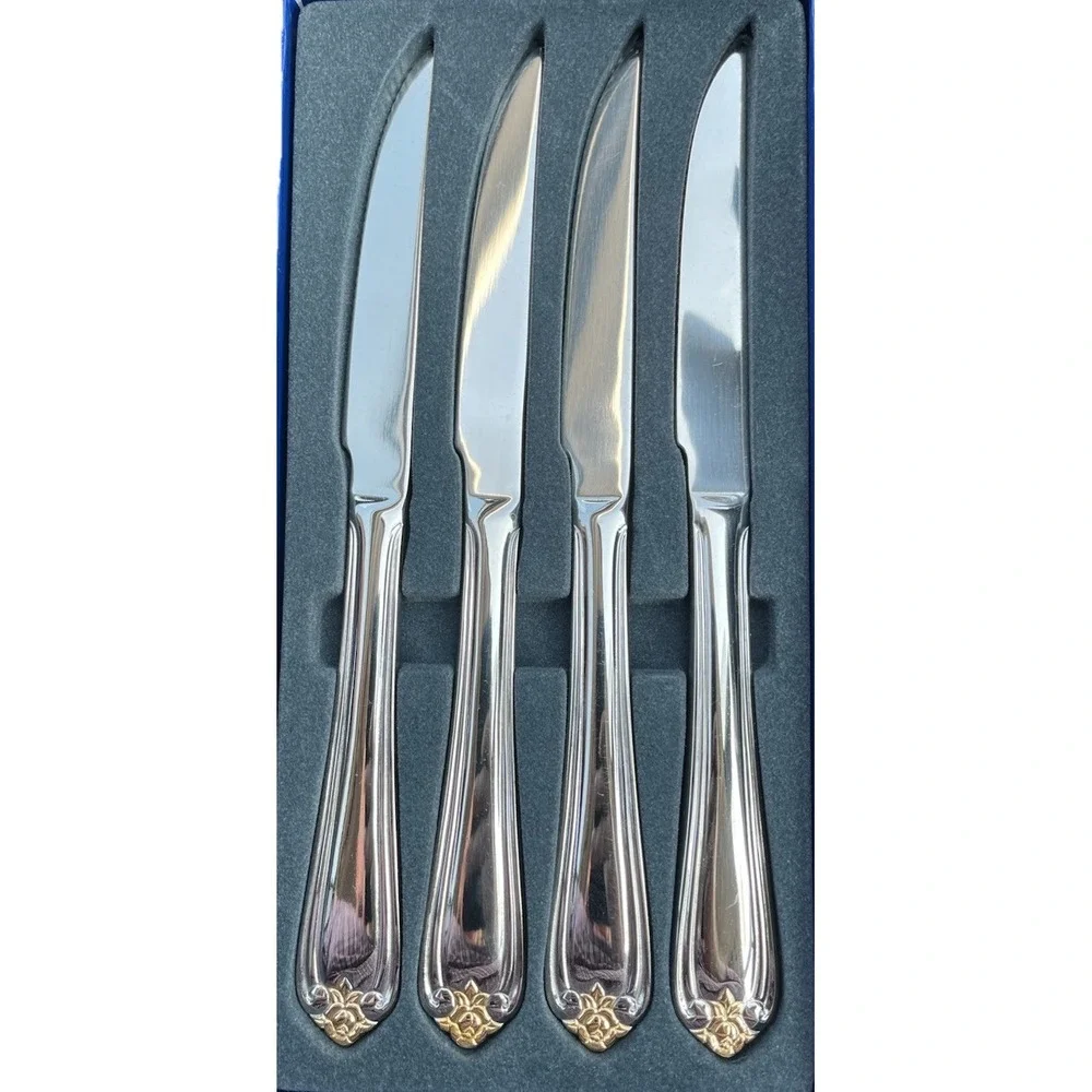 4 Steak Knives GOLDEN ROSEBUD Reed & Barton Solid Handles Stainless Flatware NEW